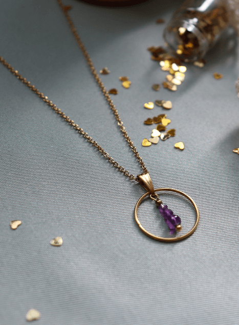 Collier en améthyste Pendentif cercle Acier inoxydable doré