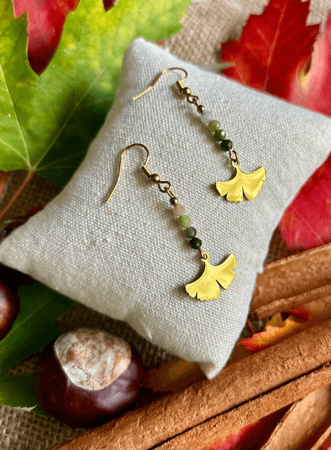 Boucles d'oreilles en jade vert Acier inoxydable doré Feuilles de Gingko