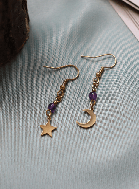 LoraBe boucles d'oreilles amethyste acier inoxydable lune étoile