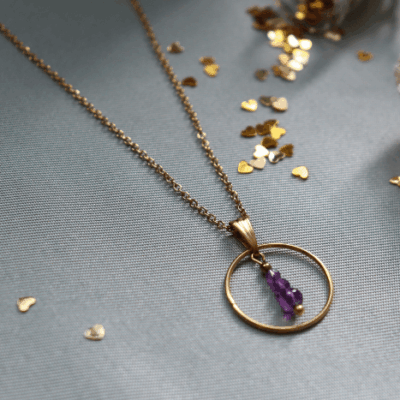 Collier en améthyste Pendentif cercle Acier inoxydable doré