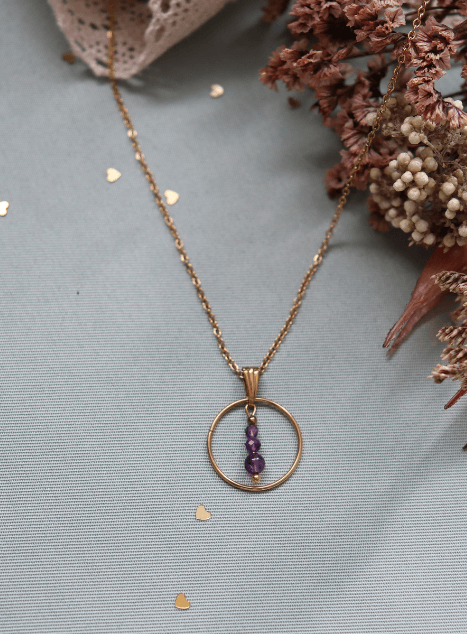 Collier en améthyste Pendentif cercle Acier inoxydable doré