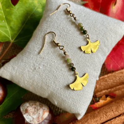 Boucles d'oreilles en jade vert Acier inoxydable doré Feuilles de Gingko