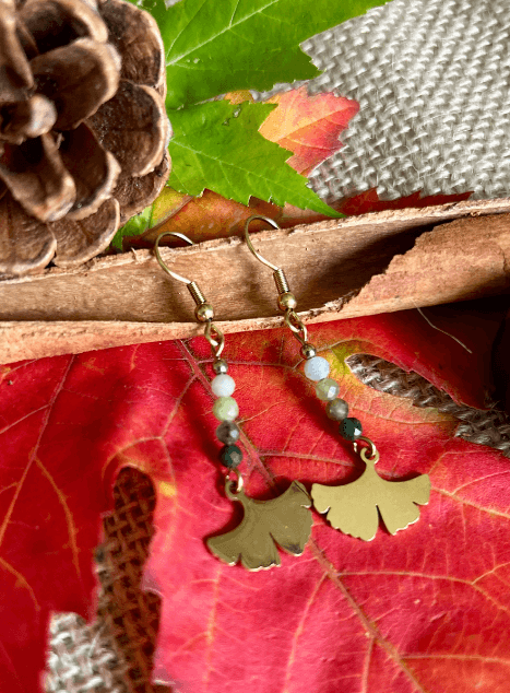 Boucles d'oreilles en jade vert Acier inoxydable doré Feuilles de Gingko