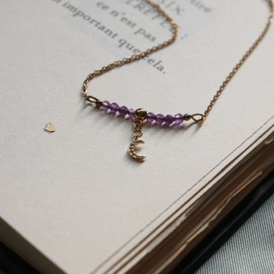 Collier en améthyste Pendentif lune strass Aicer inoxydable doré